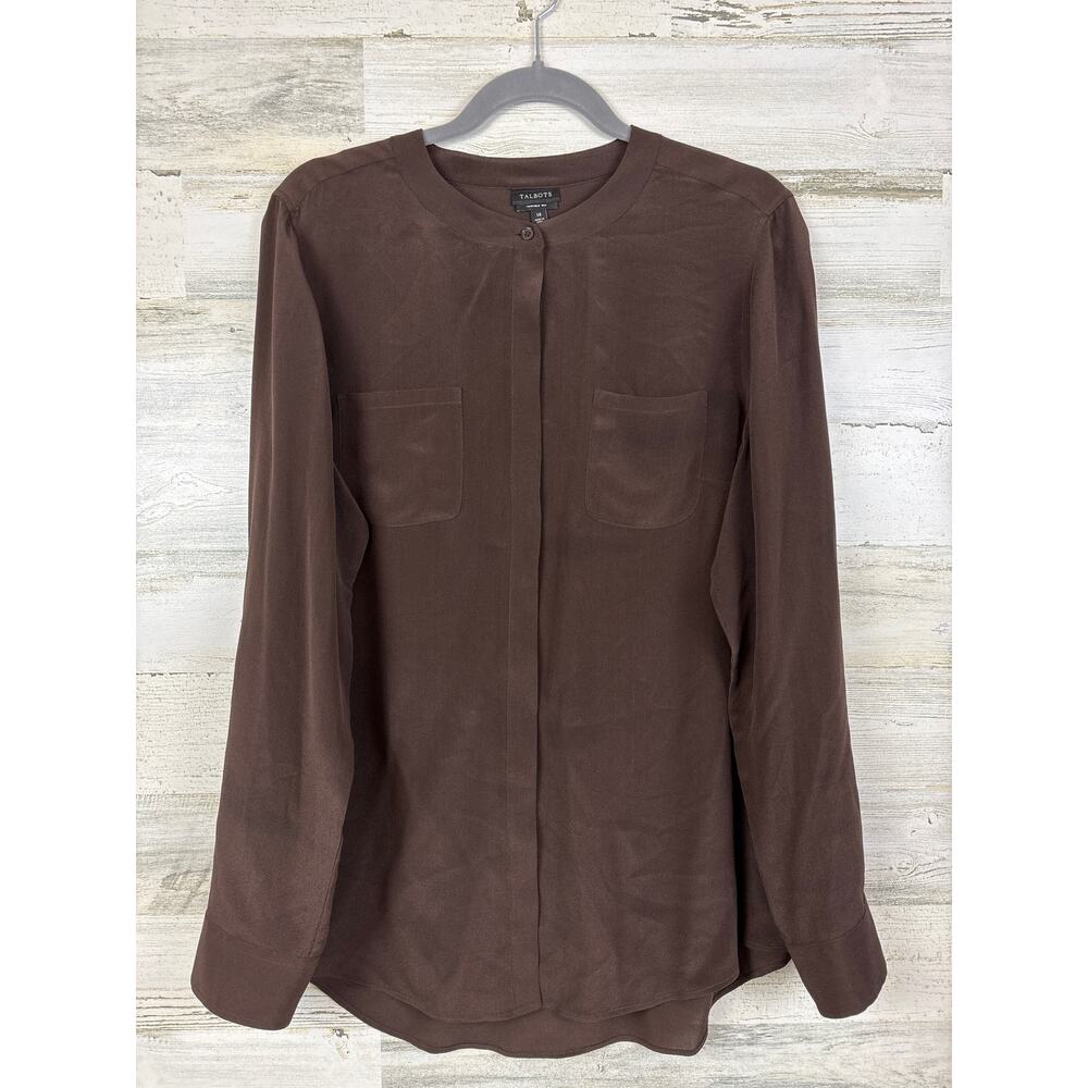 Talbots Washable Silk Button Up Blouse Womens 14 Brown Workwear Chic